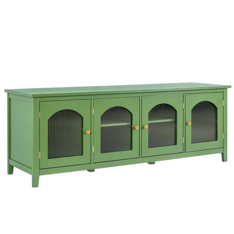 70.87inch Solid Wood TV Stand with Rainbow Glass Door, Antique Green Finish, Media Console